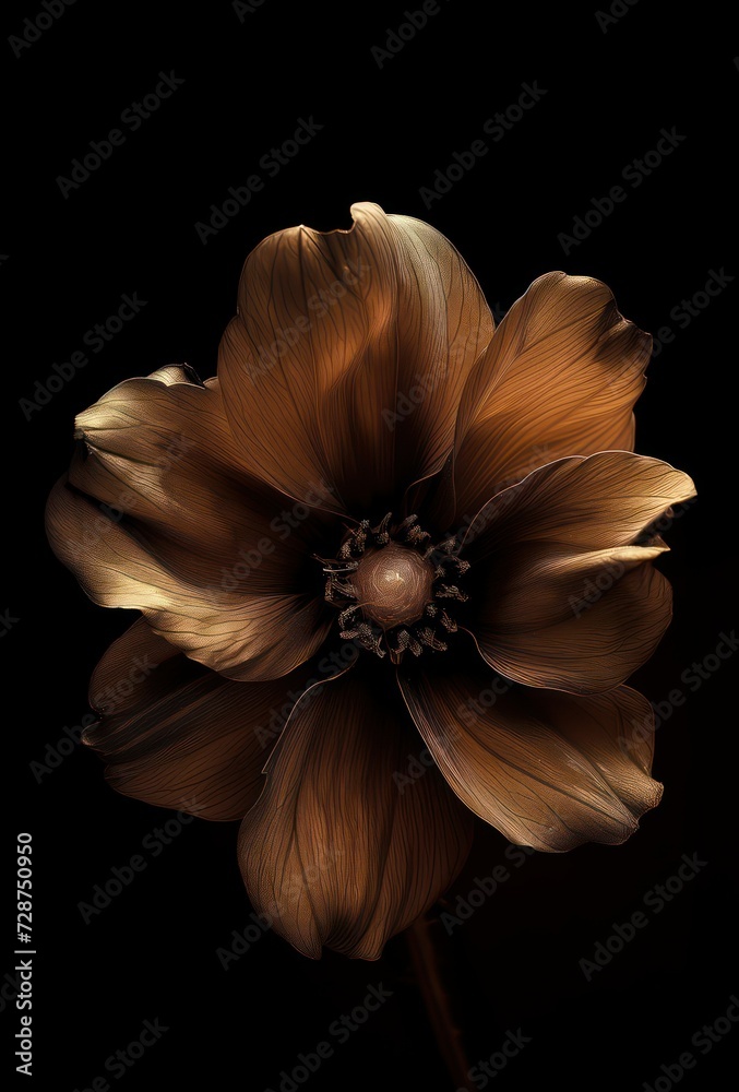 Obraz premium Gleaming Metallic Flower on a Dark Background, Elegant Floral Photography