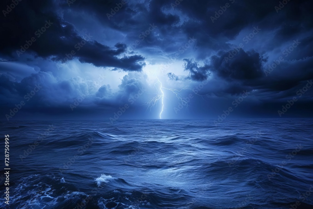 Lightning striking over a dark stormy sea