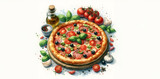 Pizza isolated on white watercolor painting