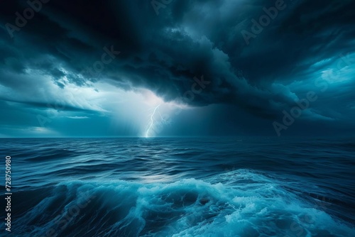 Lightning striking over a dark stormy sea © Bijac