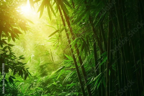 Lush bamboo forest with sunlight filtering through dense foliage