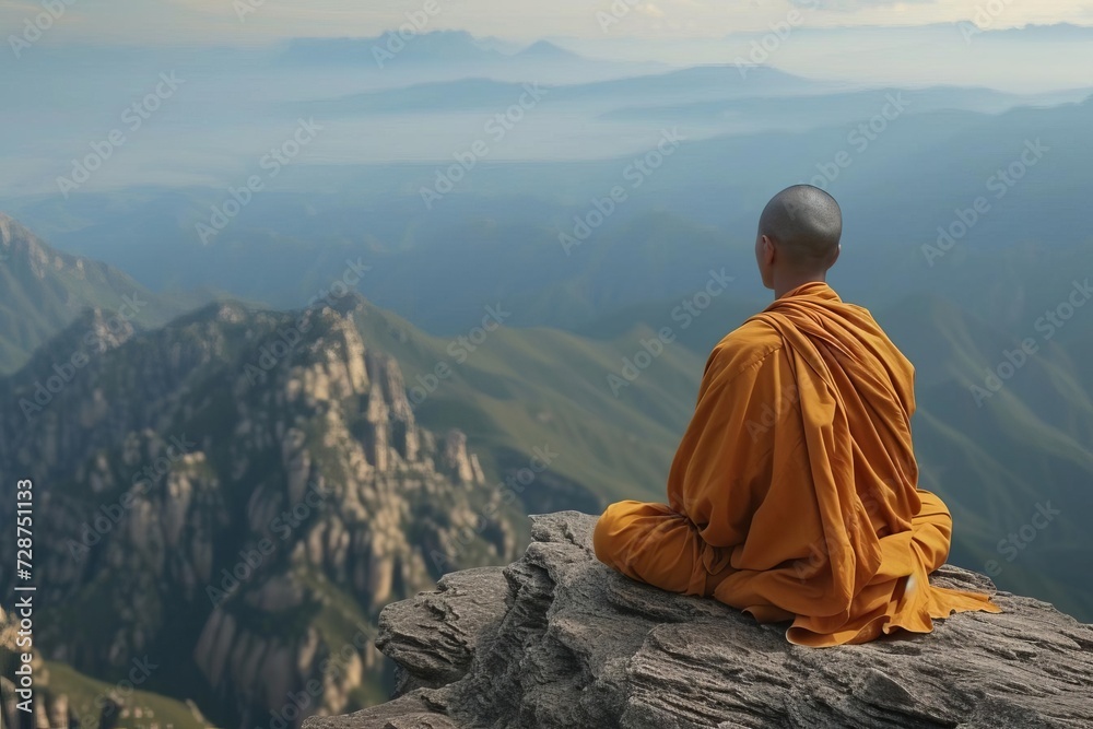 Monk in deep meditation in a peaceful mountain retreat