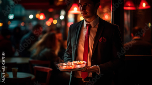  A professionally dressed man in a suit carries a tray full of delicious food. Associated with the service and restaurant industry, where customers can enjoy a variety of culinary delights photo