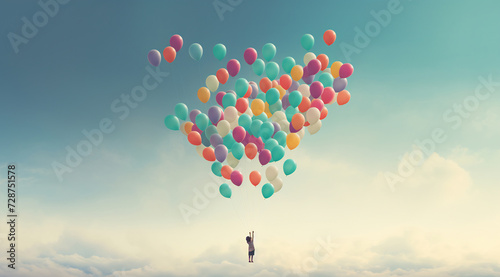 Child s Flight into the Blue Sky on Balloons