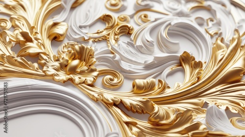 a rich golden baroque ornament delicately engraved on a pristine white background, showcasing the intricate details and lavish curves of the design to evoke a sense of opulence and sophistication.