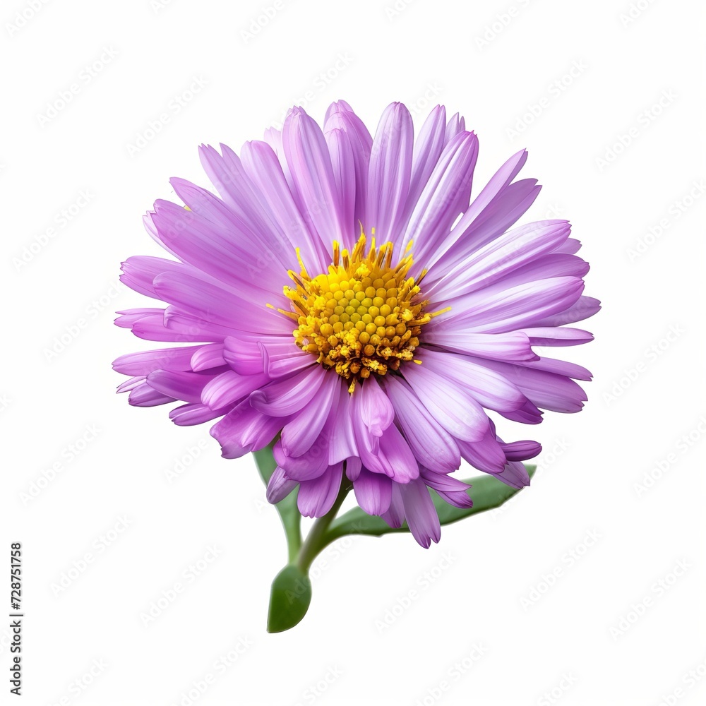 An stiker A single, detailed illustration of a purple aster flower with a visible yellow core and numerous petals, alongside a green stem and leaves, against white
