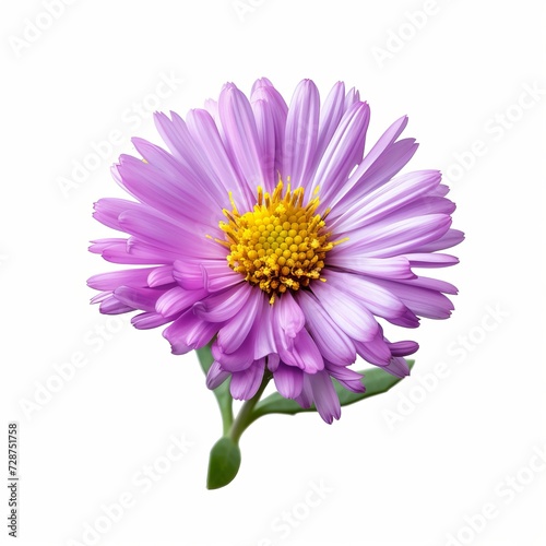 An stiker A single  detailed illustration of a purple aster flower with a visible yellow core and numerous petals  alongside a green stem and leaves  against white