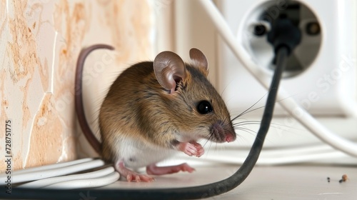 a mouse is gnawing on a wire inside an apartment house, set against the backdrop of a wall and electrical outlet, illustrating the ongoing battle against mice infestation in residential spaces.