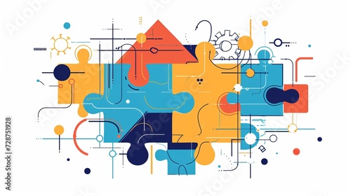 Modern abstract composition with interlocking puzzle shapes, circuit-like lines in blue, orange, and white. Application: Technology themes, networking, corporate strategy graphics