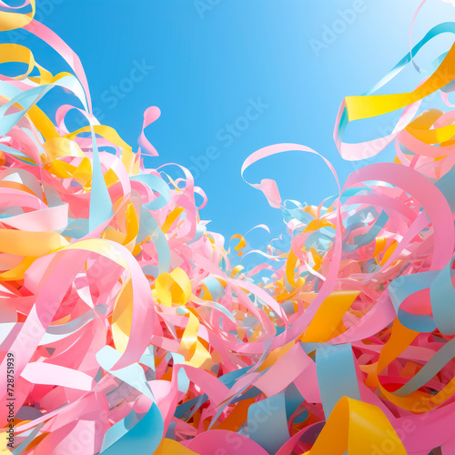 Colorful ribbons gracefully float and unfurl in the breeze against a brilliant blue sky, forming a lively and dynamic tableau. This image imparts a sense of enjoyment and liberation. photo