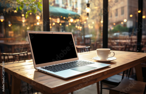 a laptop with blank black screen on a wooden table while drinking coffee photo
