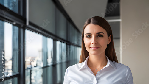 Portrait of a smiling woman in a white shirt, standing in a modern glass corridor office building, daylight.