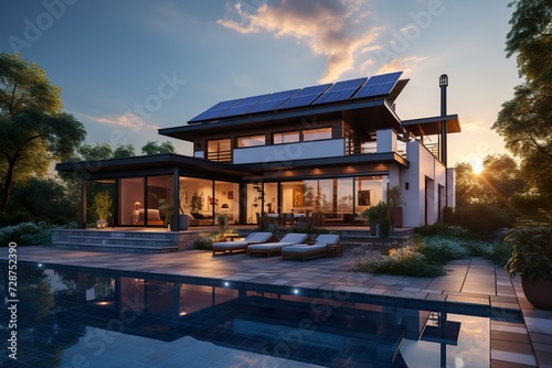 minimalistic design Modern house with blue solar panels on the roof. End of the day, sunset. © Dipankar