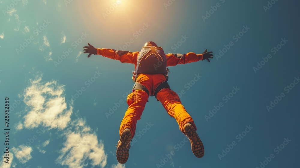 Back view of a skydiver wearing orange suit and protective helmet in free fall. Athlete with parachute against the background of blue sky with white clouds.