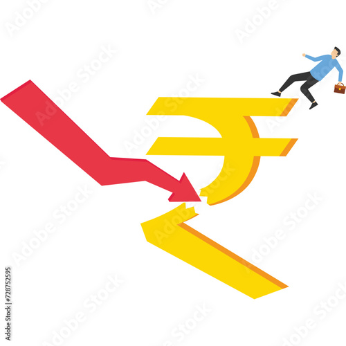 Indian Financial Crisis. rupiah currency crisis. Monetary policy crisis. Indian economic depression. A businessman tries to prop up a falling rupee symbol. vector illustration on a white background