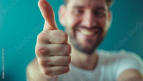 A man likes a turquoise background. Smiling handsome young man giving thumbs up and looking at camera.
