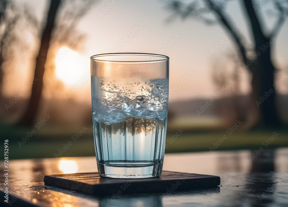 A refreshing glass of water against the backdrop of pure nature, mountains and lake A refreshing glass of water against the backdrop of pure nature, mountains and lake