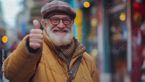 An elderly man holds his thumbs up and smiles. A man in glasses looks at the camera and likes.
