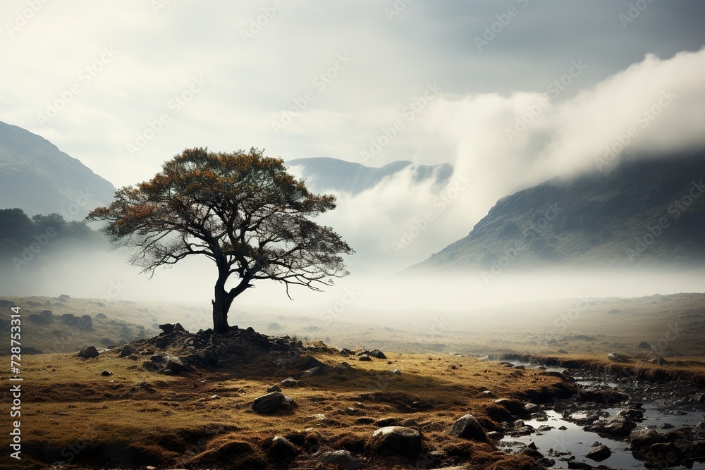 minimalistic design Old oak tree standing on the foggy field