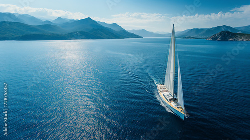 Luxurious sailing yacht in the blue sea against the backdrop of mountains photo