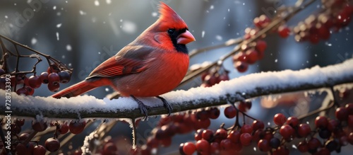 a cardinal was perched on a snow-covered vine photo