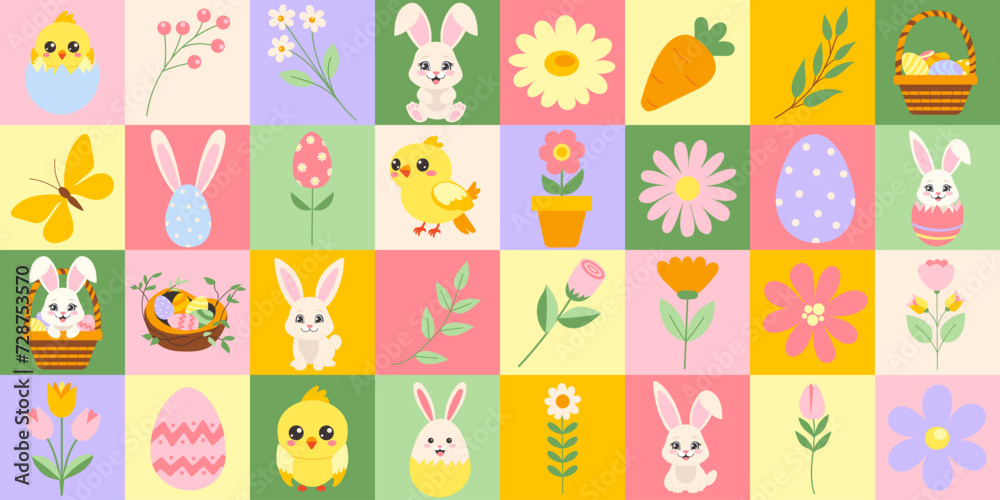 Easter icons elements with geometric pattern. Bauhaus style. Vector flat design for poster, card, wallpaper, poster, banner, packaging. Rabbit, flower, chick, egg, basket.