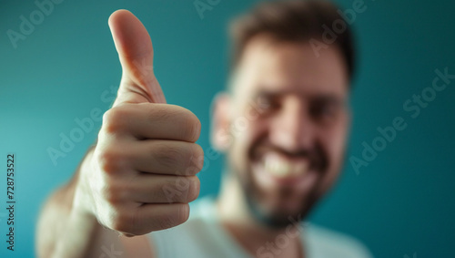 A man likes a turquoise background. Smiling handsome young man giving thumbs up and looking at camera.