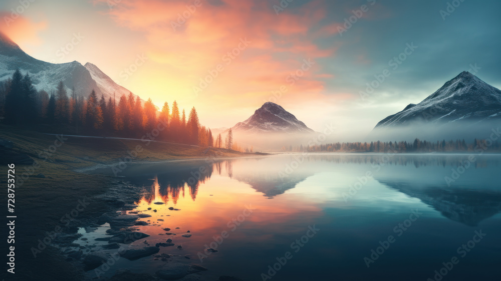 Misty Mountain Lake at Sunset, Ethereal Tranquility