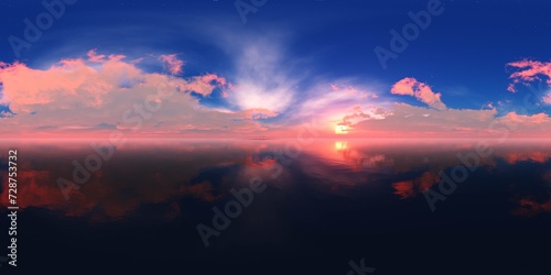 Environment map  Round panorama  spherical panorama  equidistant projection  sea sunset 3D rendering created using HDRI technology