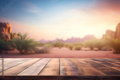 Empty wooden table mockup with defocused mesmerizing desert sunset  dunes  and a lush oasis.