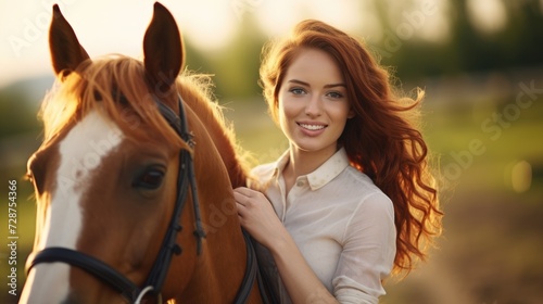 Portrait of a beautiful red-haired girl with a horse in the park