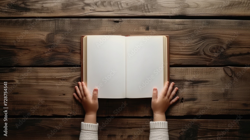 a child's hands delicately holding a book on a wooden table background, with the book open to a blank page, inviting mockup opportunities in a minimalist style. a child's hands delicately holding a book on a wooden table background, with the book open to a blank page, inviting mockup opportunities in a minimalist style.