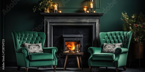 Green armchairs near the fireplace with a vintage touch