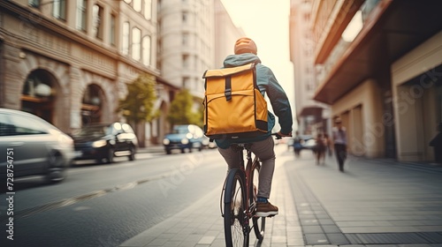 Delivery courier on bike with large backpack in urban environment, showcasing sustainable city transport. © Victoriia