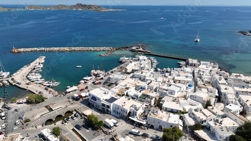 Aerial drone photo from picturesque small seaside village of Naoussa with traditional Cycladic character, Paros island, Cyclades, Greece