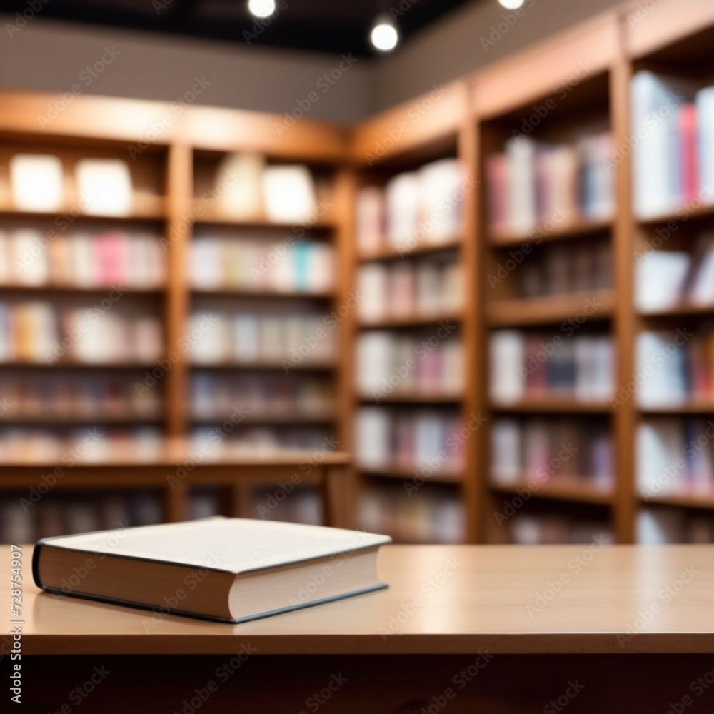 A book shop in front of a wooden table with a book on it for product presentation