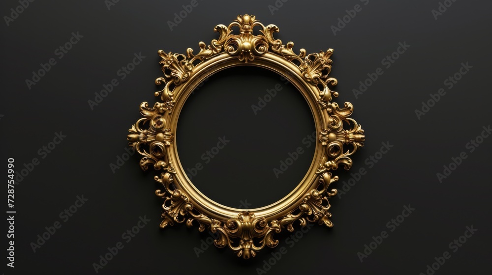 Fototapeta premium Vintage gold round picture frame on a black background. Classic antique golden picture frame 