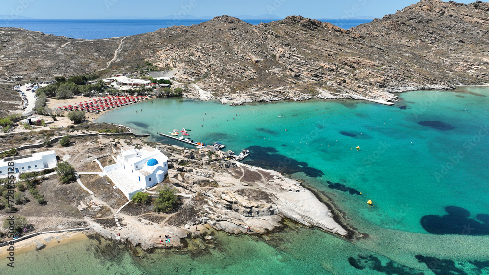 Aerial drone photo from famous small organised beach of Monastiri in the gulf of Naousa, Paros island, Cyclades, Greece