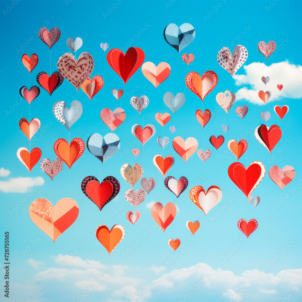 A collection of balloons in the shape of hearts floats in the air against a blue sky. Conveys lightness and freshness, associating with bright moments and celebrations. Floating heart balloons A collection of balloons in the shape of hearts floats in the air against a blue sky. Conveys lightness and freshness, associating with bright moments and celebrations. Floating heart balloons