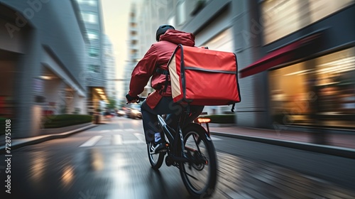 Dynamic image of a blur-speed food delivery cyclist with a conspicuous red insulated backpack riding through an urban street. photo