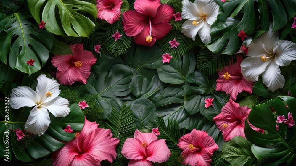 pink flowers nestled within a square frame, accentuated by lush green leaves, with ample copy space to convey a message of freshness and elegance.