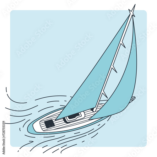 Line illustration of a sailboat sailing through the sea with blue tone and shadow