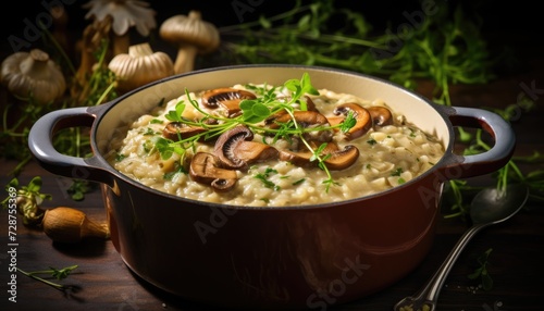 Pot Filled With creamy Risotto Rice and Mushrooms on a Table