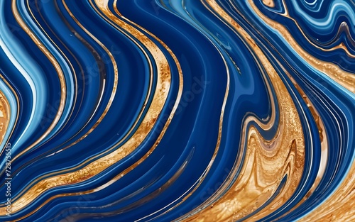 Blue and gold abstract background. Liquid marble pattern. Fluid art