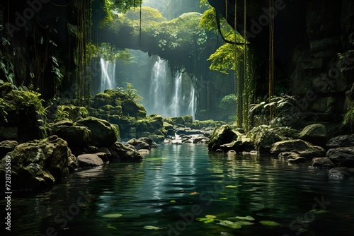minimalistic design waterfall in a tropical jungle