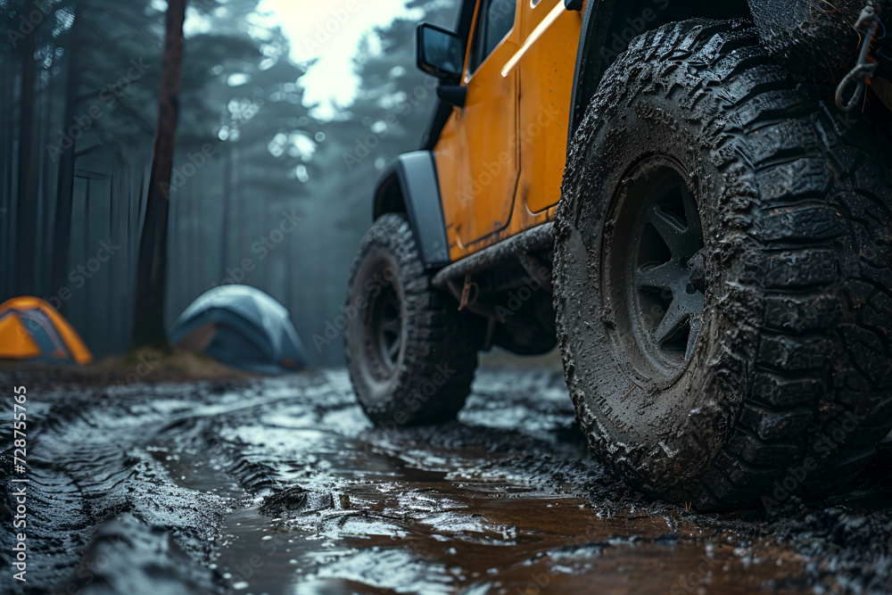Close-up of SUV wheels for traveling on dirt roads. Close-up of SUV wheels for traveling on dirt roads.