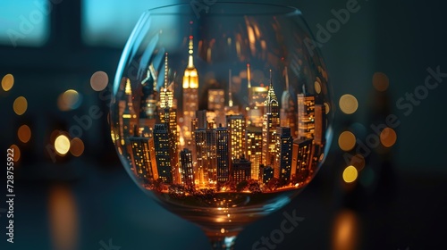 a city meticulously crafted inside a wine glass, illuminated with cinematic lighting to evoke a sense of urban charm and intrigue.