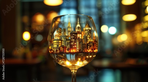 a city meticulously crafted inside a wine glass, illuminated with cinematic lighting to evoke a sense of urban charm and intrigue.