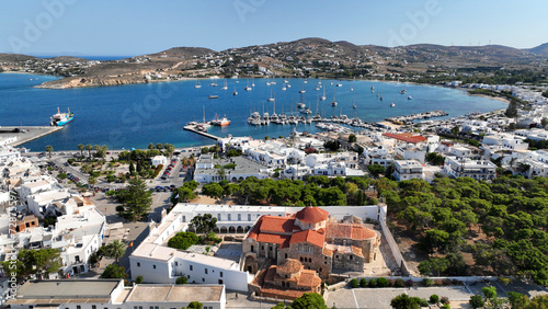 Aerial drone photo of famous Byzantine monastery of Ekatontapyliani in main village of Paros island, Parikia, Cyclades, Greece