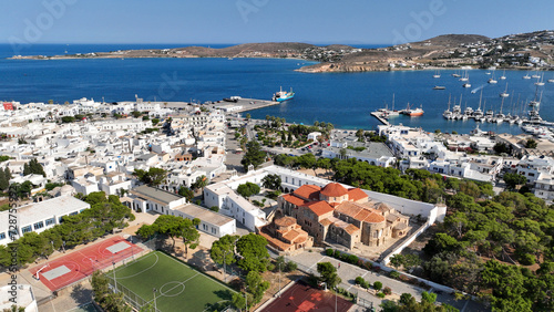 Aerial drone photo of famous Byzantine monastery of Ekatontapyliani in main village of Paros island, Parikia, Cyclades, Greece